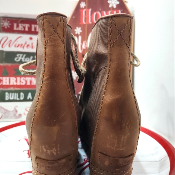 💕EUC Sorel Brand Premium Moto PDX Leather Lace Up Wedge Ankle Boots, Came, 10 - Picture 11 of 16